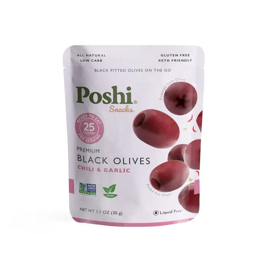 Poshi Chili & Garlic Pitted Black Olives - 1.1 oz.
