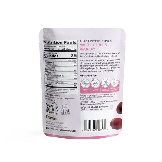 Poshi Chili & Garlic Pitted Black Olives - 1.1 oz.